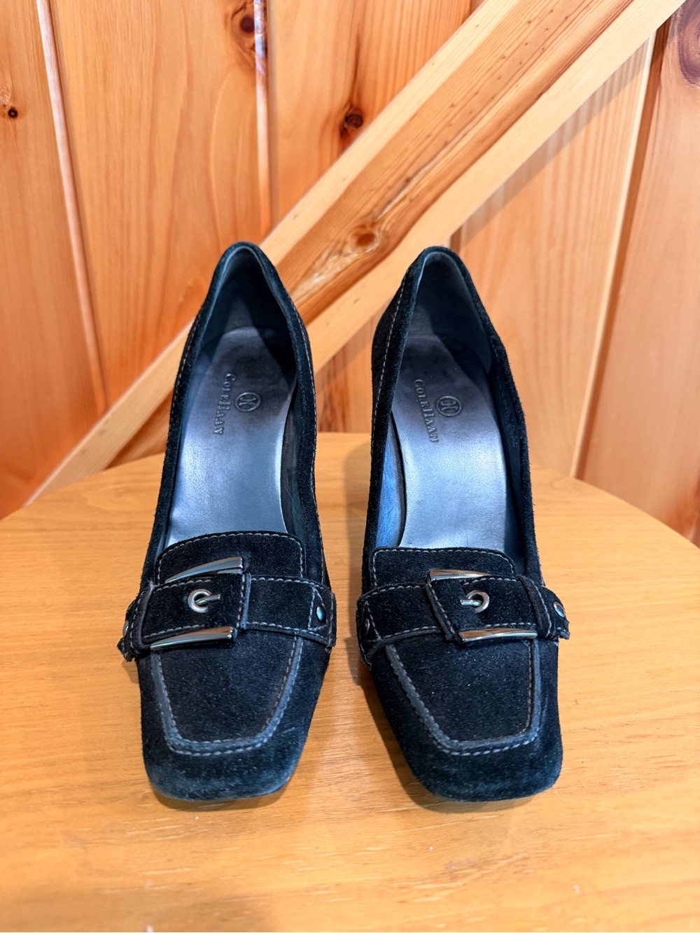 Cole Haan Black Suede Buckle Loafer-Style Heels